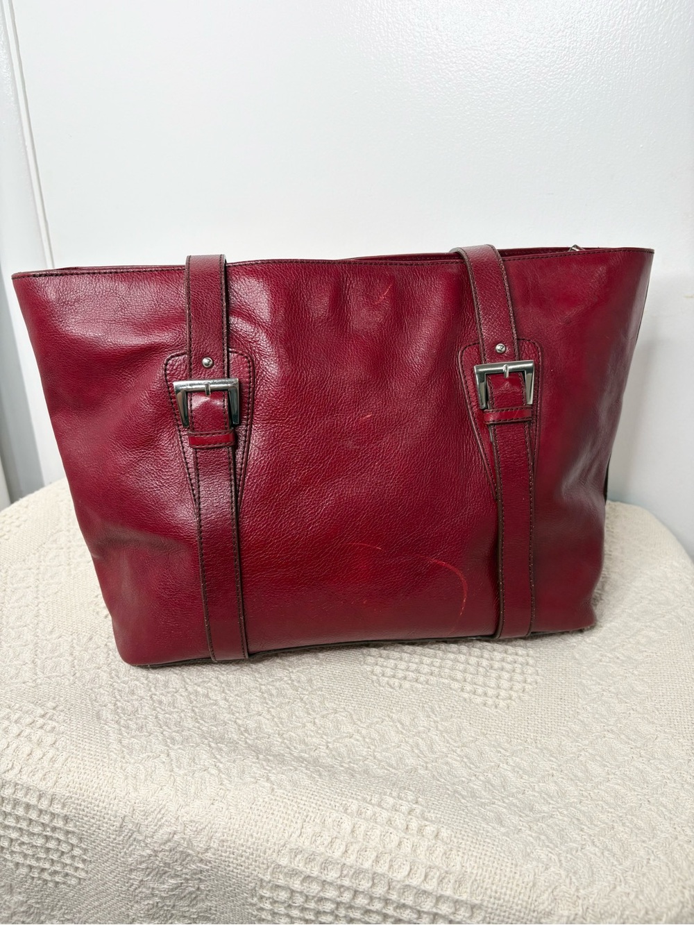 Y2K Vintage Etienne Aigner Red Large Pebble Leather Top-Zip Tote Bag - Picture 7 of 11